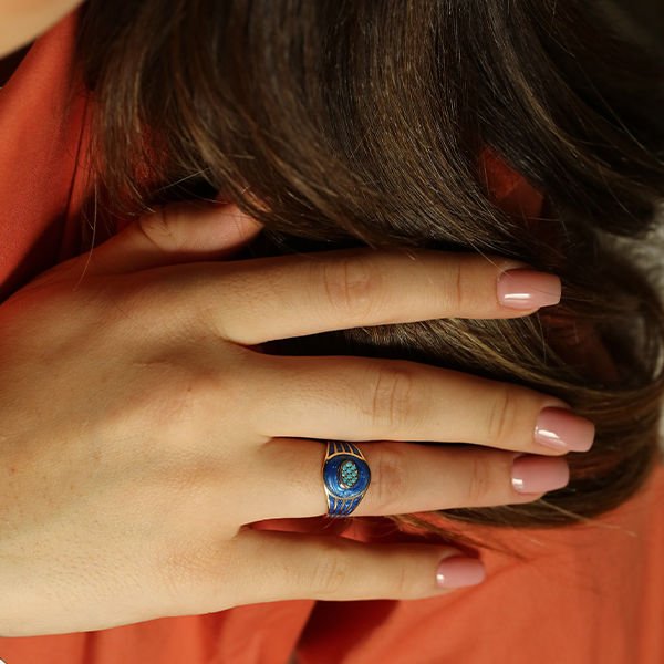 Angora Mavi Desenli Altın hector  Yüzük