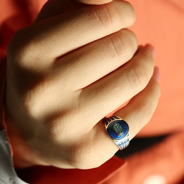 Angora Mavi Desenli Altın hector  Yüzük