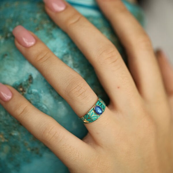 14 ayar altın Retro Mavi Desenli Altın wellington  Yüzük