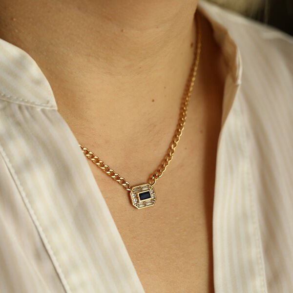 Navy Blue safir  Detaylı Altın Kolye