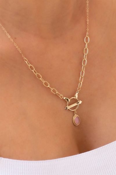 14 ayar altın pembe taşlı tasarım kolye