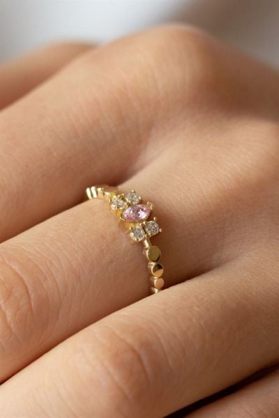 14 Ayar Altın Pembe  Kuartz  Taşlı Yüzük