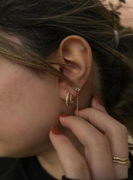 Çift Sıra Taşlı Altın Halka Küpe