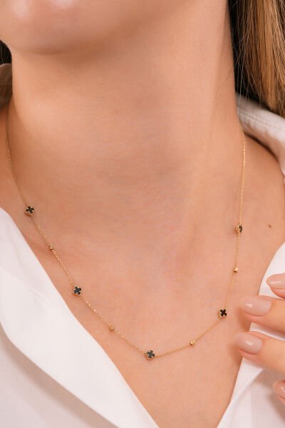 14 Ayar  Onix Clover Altın Kolye