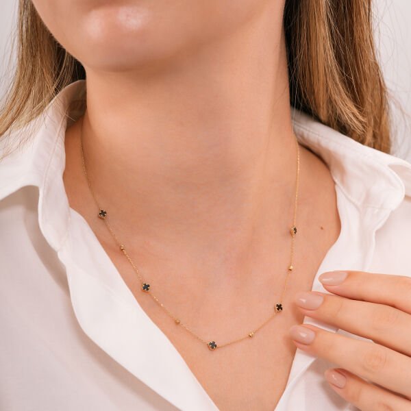 14 Ayar  Onix Clover Altın Kolye