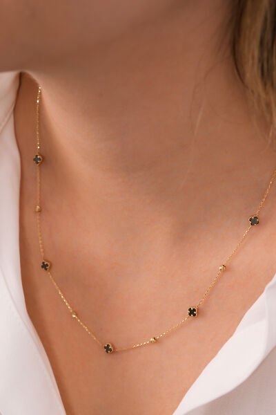 14 Ayar  Onix Clover Altın Kolye