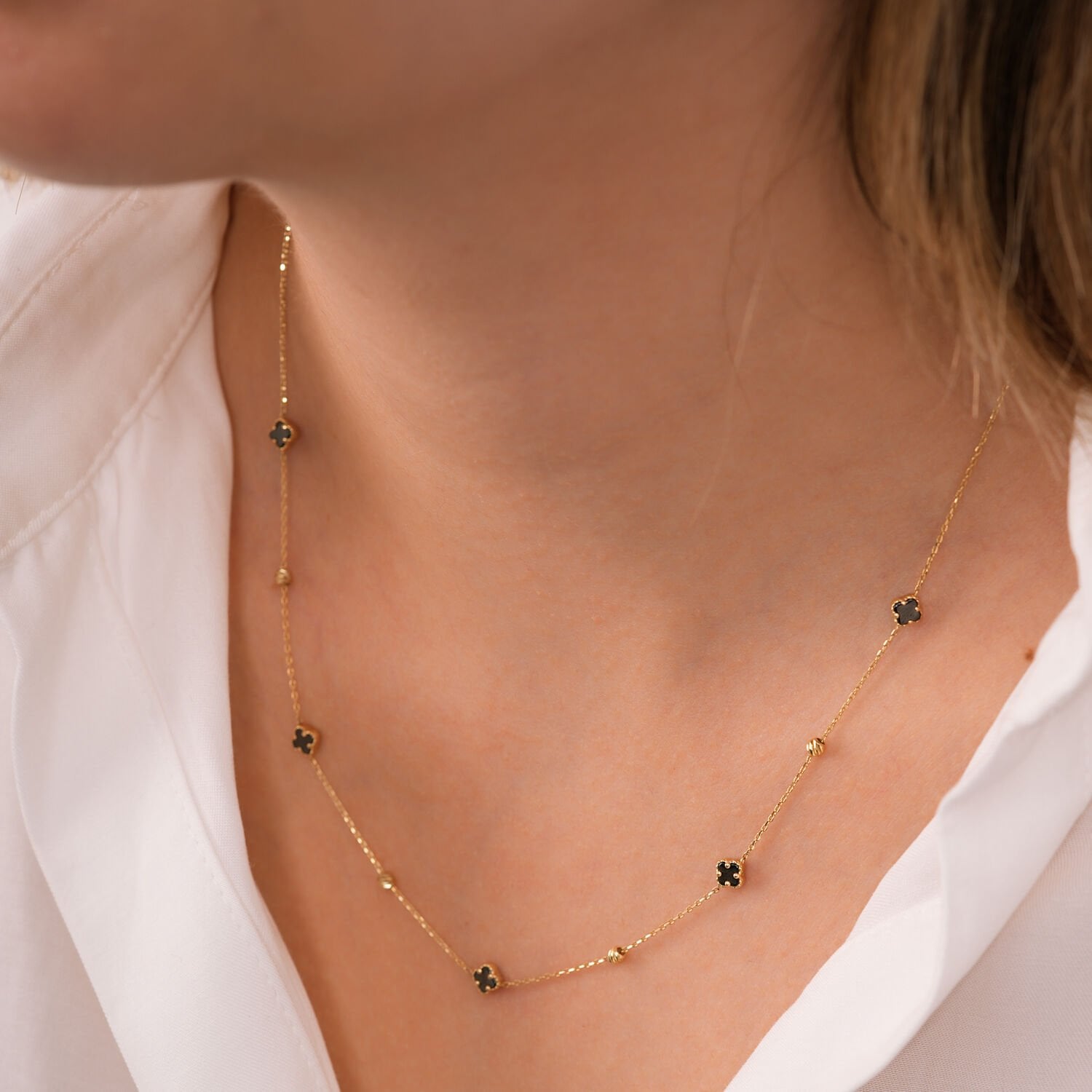 14 Ayar  Onix Clover Altın Kolye